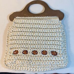 Vtg Boho Macrame Crochet Purse Bag Tote Wooden Handles Brown Cream Lined Y2K Fun